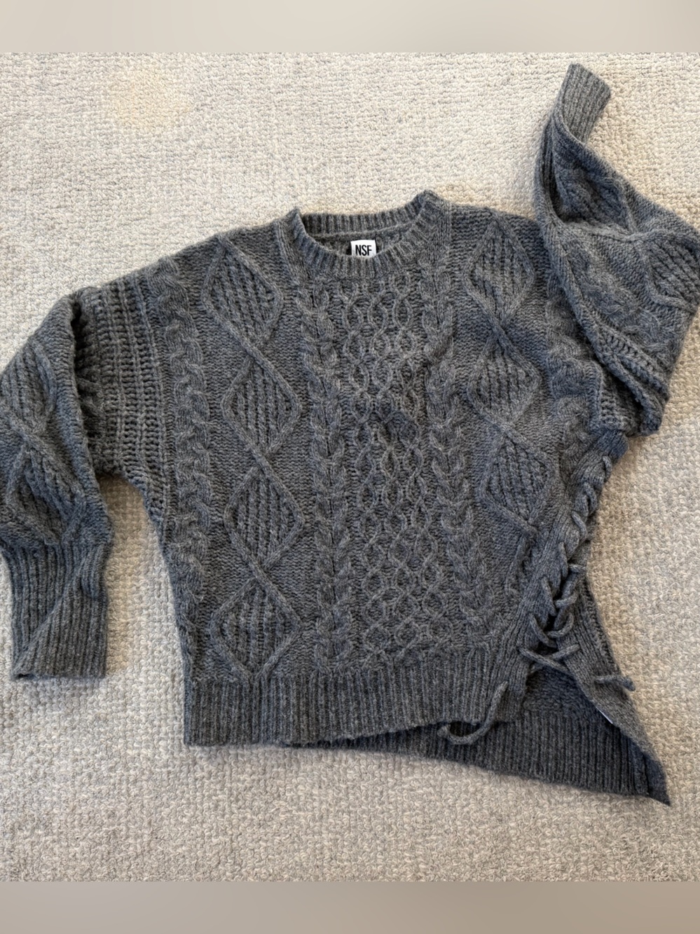 NSF Dark Gray Cable Knit Crew Sweater with Side Lace-Up